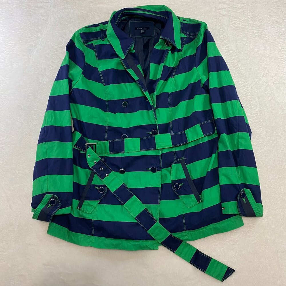 Tommy Hilfiger Belted Rain Trench Coat Jacket Green Blue Color Block Striped